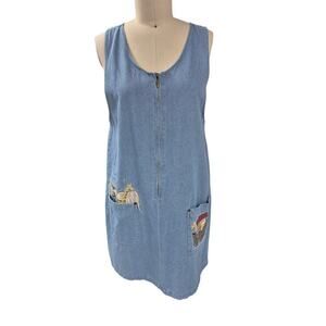 80s Vtg Christopher & Banks Cotton Blue Denim Jumper Noah's Ark Grandma  Sz L